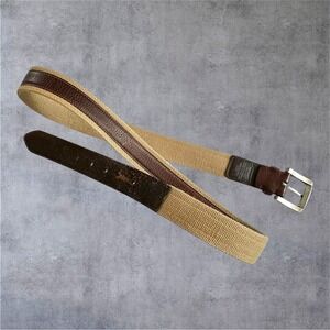 Columbia Webbed‎ Belt Mens 48" Brown Tan Leather Trim Cotton 11CO0331